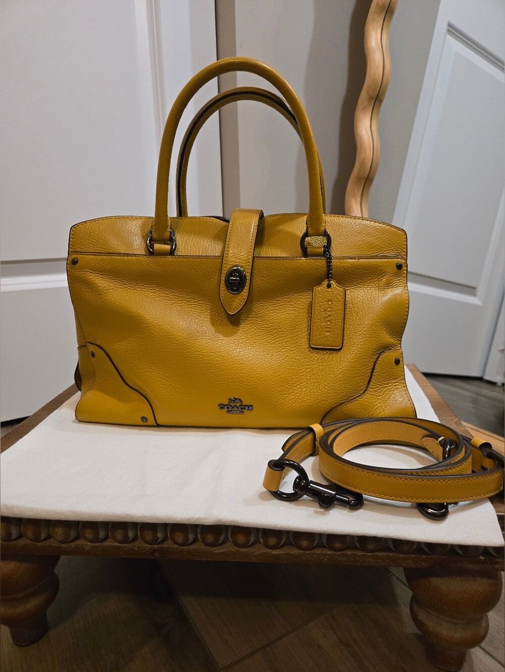Coach Mercer 30 Satchel Hay Yellow Pebbled Leather Gunmetal Crossbody